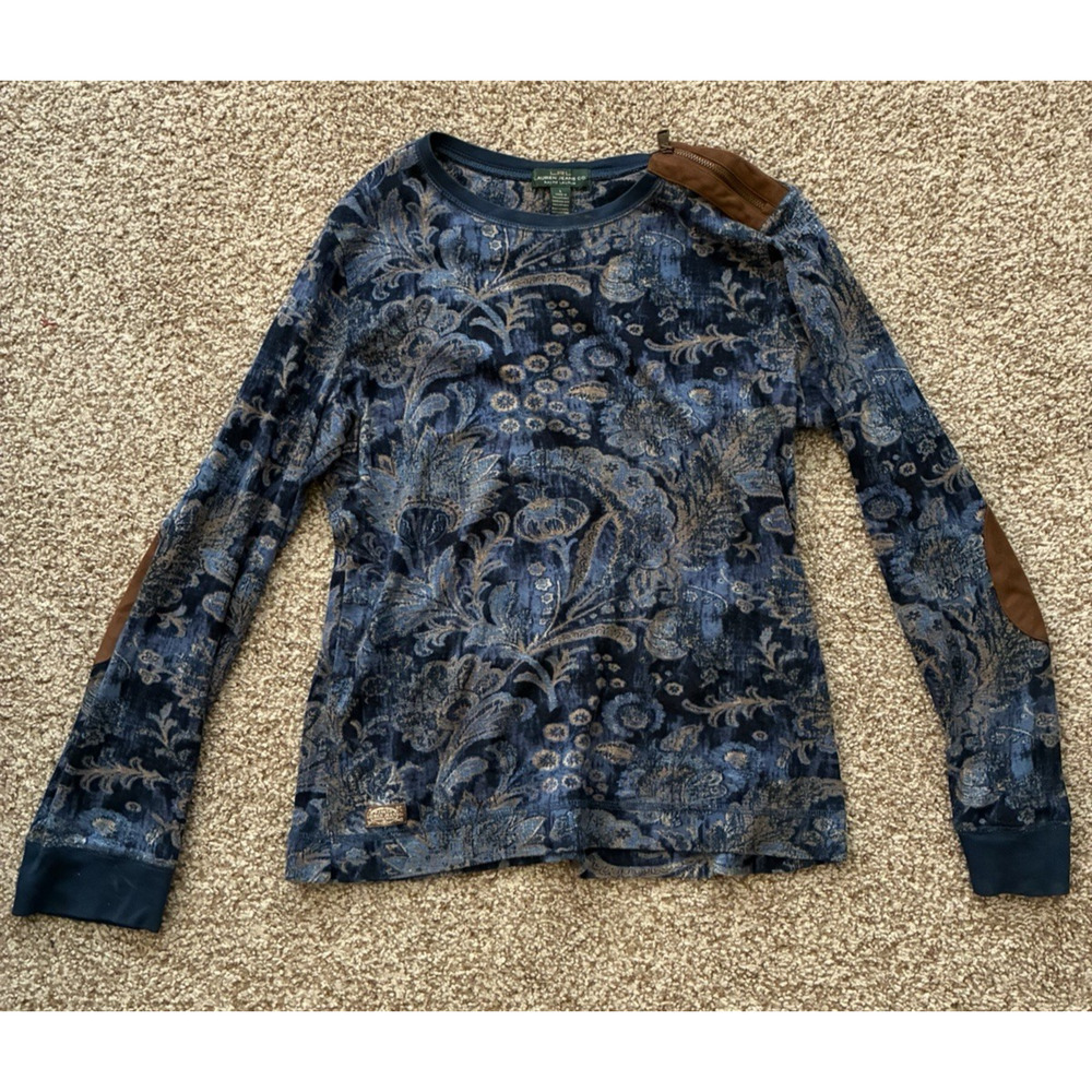 Lauren Ralph Lauren Floral Shirt Blue Suede Elbow Patch Women’s Size Large